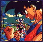Goku e, pi dietro, Freezer. Sullo sfondo il pianeta Namecc