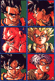 Gohan(in alto a sin.), sotto Majin Bu(in una delle sue tante trasformazioni), sotto Goku, a destra Trunks, sopra Gotenks(l'unione tra Trunks e Goten) e sopra Goten